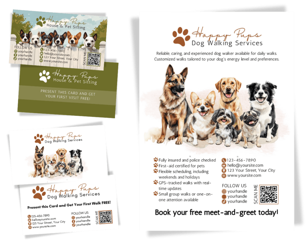 Image depicting flyers and business cards for local dog walking, pet sitting, dog grooming and pet business marketing